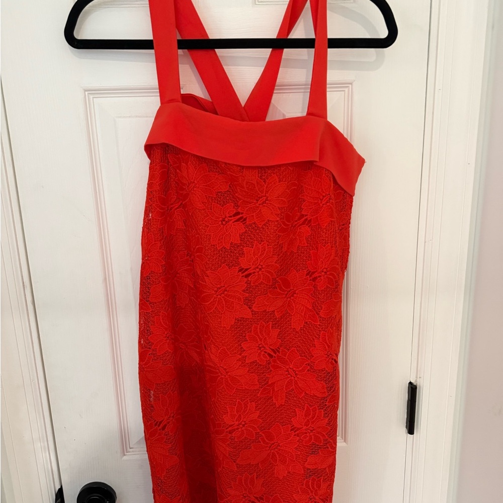 BANANA REPUBLIC Sz6 SLEEVELESS V-BACK BOW ALLOVER LACE DRESS ORANGE